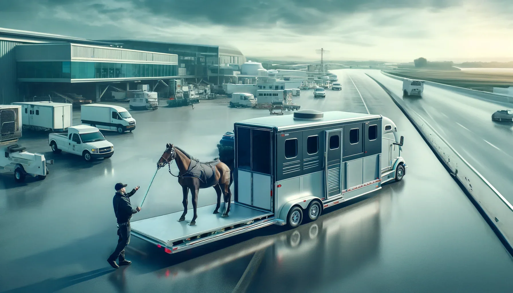 Image depicting a horse being unloaded from a modern horse trailer at an international airport, with a more subdued background. The trailer - Pet Transport