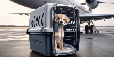 cute puppy securely inside a completely closed travel crate, ready to be loaded onto a plane. The crate is well-ventilated copy